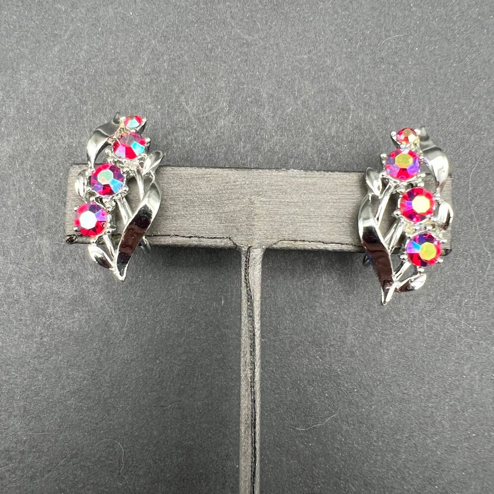 Vintage Star Screw Back Earrings‎ Purple Pink AB Rhinestone Flower Silver Tone